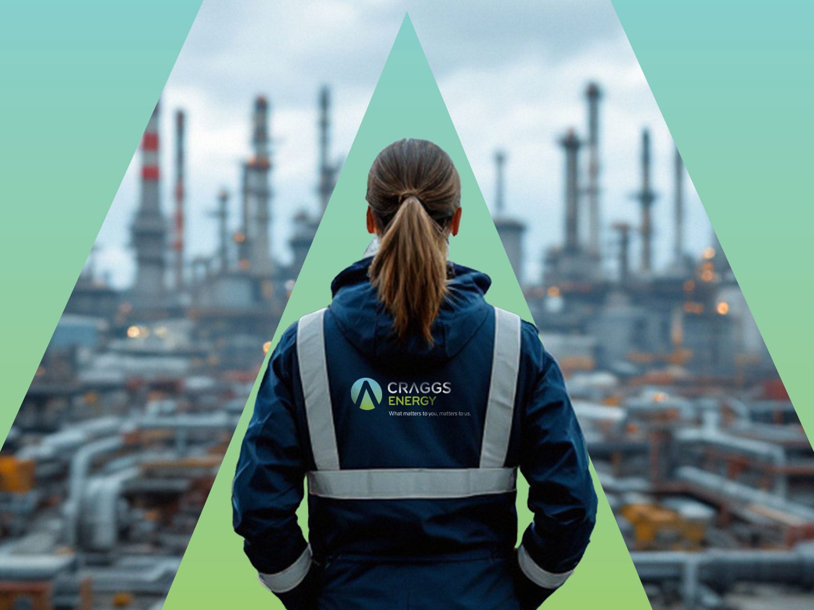 A female industry worker in safety gear gazing at an oil refinery with smokestacks in the background, symbolizing energy and industrial progress.