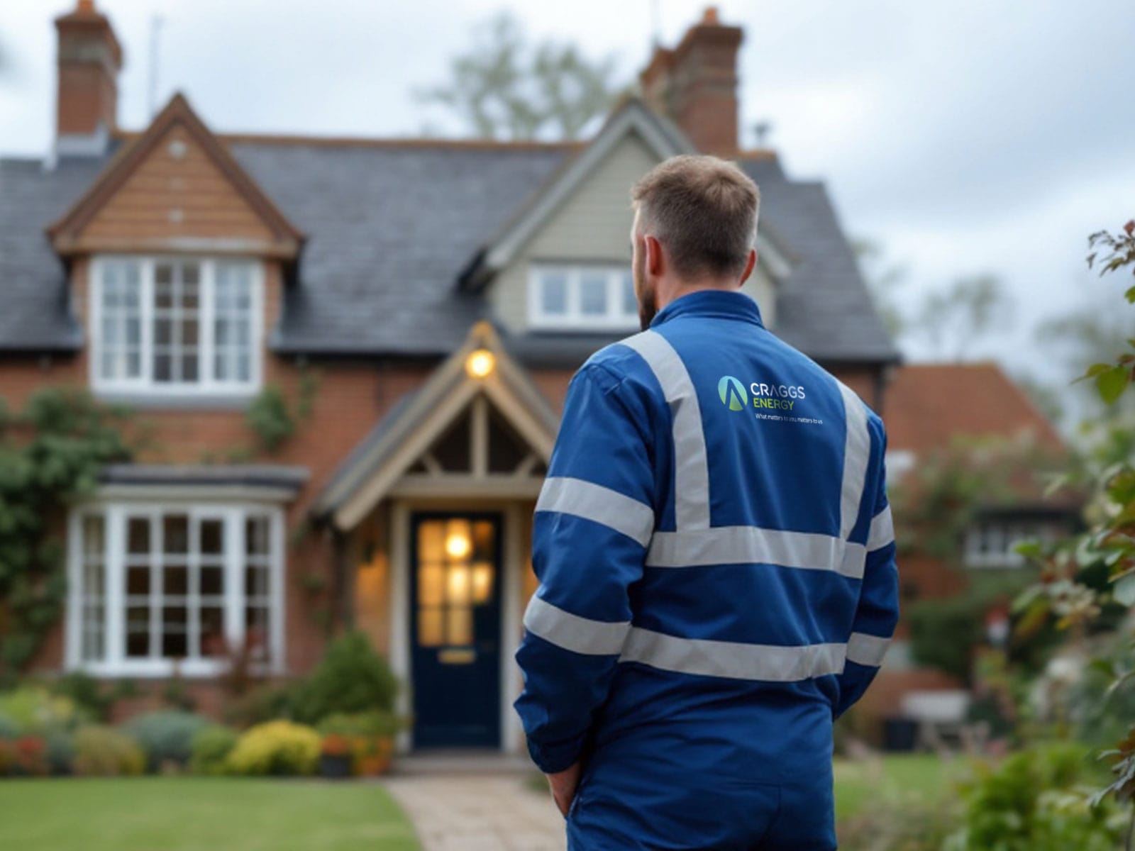 Professional Worker in Front of a Residential Home A maintenance worker in a blue uniform with reflective stripes stands in front of a charming residential home, observing the exterior.