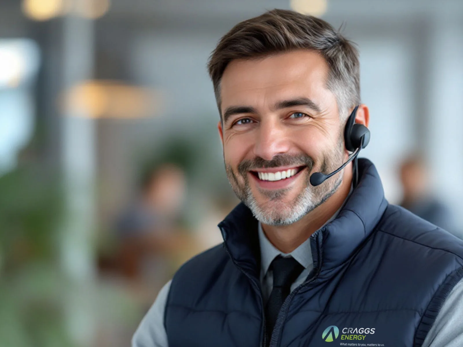 Smiling Customer Service Representative with Headset A confident customer service agent wearing a headset and a vest, smiling in a modern office environment.