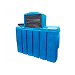 A blue plastic tank container with multiple compartments and a lid.