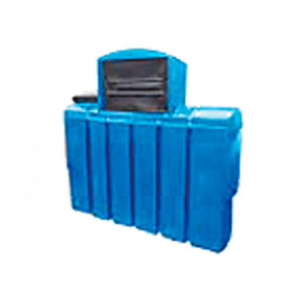 A blue plastic tank container with multiple compartments and a lid.