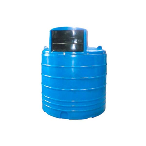 A blue cylindrical storage tank with a black lid on top.
