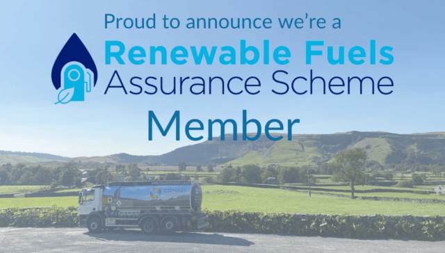 Image announcing membership in the Renewable Fuels Assurance Scheme with a scenic background and a delivery truck
