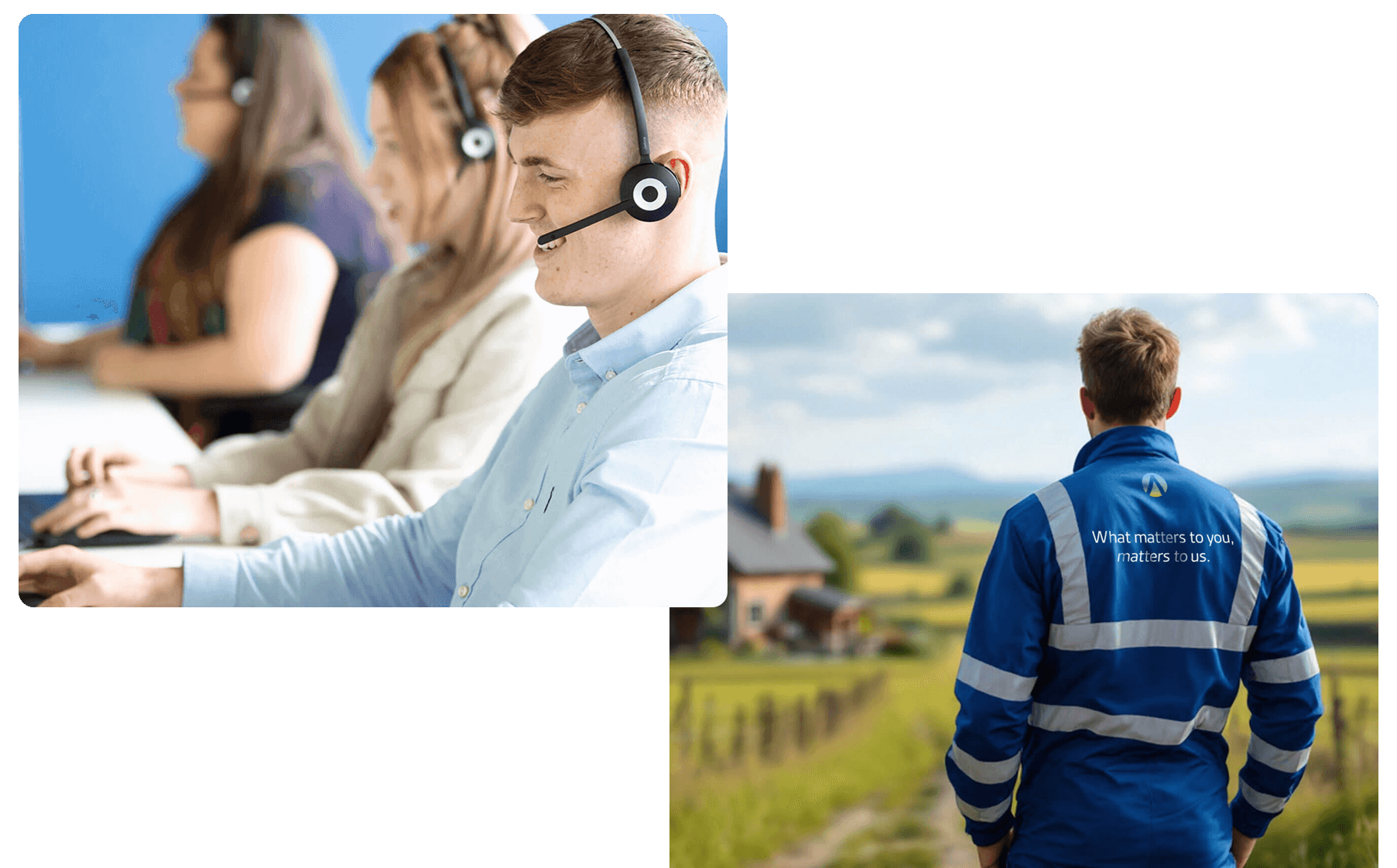 Diverse Workforce in Call Center and Fieldwork A split image showing a diverse group of individuals working in a call center and a professional in a blue work uniform looking out over a rural landscape.