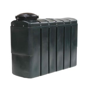 A green durable plastic storage tank designed for residential or agricultural use.