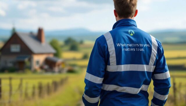 A person in blue reflective workwear standing on a path leading to a house in a picturesque rural setting, symbolizing dedication and service.