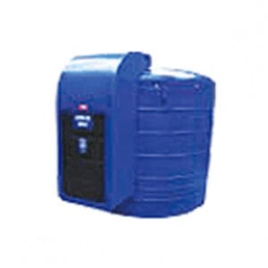 A blue storage tank featuring a control panel on the side.