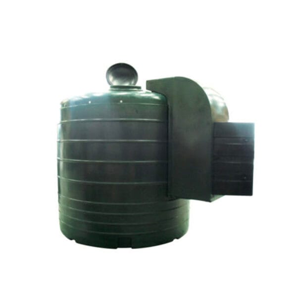 Side view of a green industrial storage tank with a rounded top and an attached compartment.