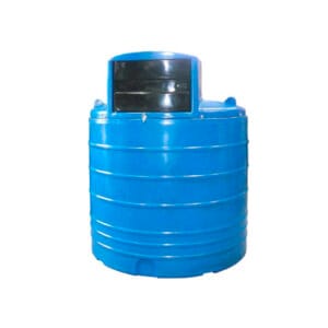 A blue cylindrical storage tank with a rounded top and a black lid.