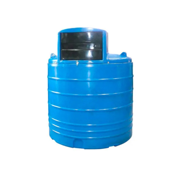 A blue cylindrical storage tank with a rounded top and a black lid.