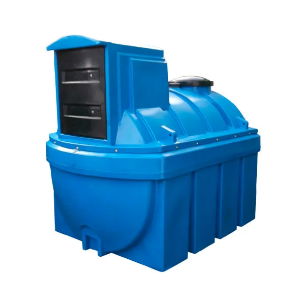A large blue storage tank designed for industrial use, featuring a top access lid and multiple compartments.