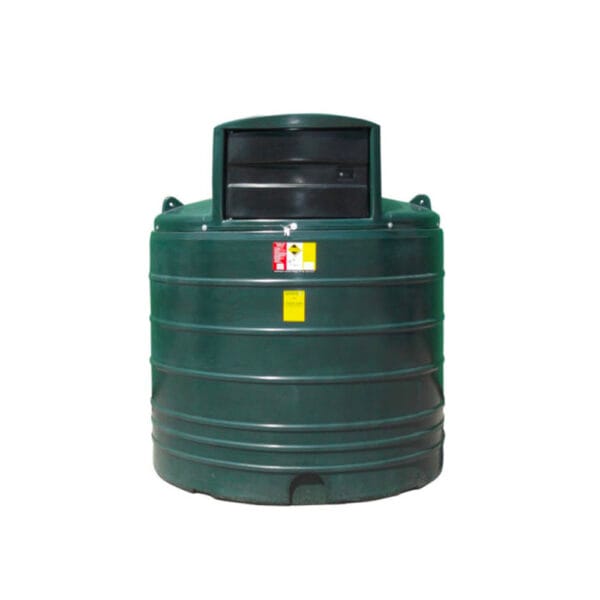Durable green storage tank with a top opening and safety labels