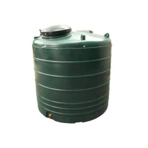 A large green plastic storage tank with a lid on top, designed for rainwater harvesting or water storage.