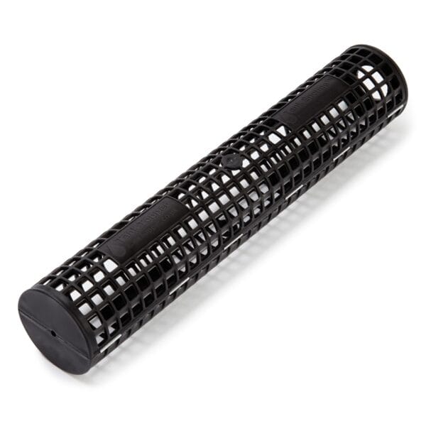 A black plastic tube with a grid design.