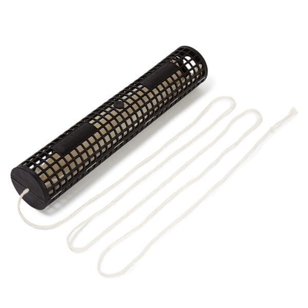 A black cylindrical design and attached rope.